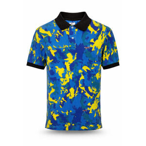Retro Fox Camo Polo Shirt Blue Yellow Streetwear Y2K 100% Cotton Medium